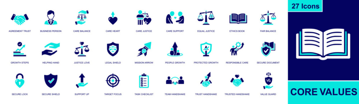 Core values icon set. Containing trust handshake, ethics book, fair balance, legal shield, secure lock, target focus, task checklist, helping hand and more. Solid fill vector icons.