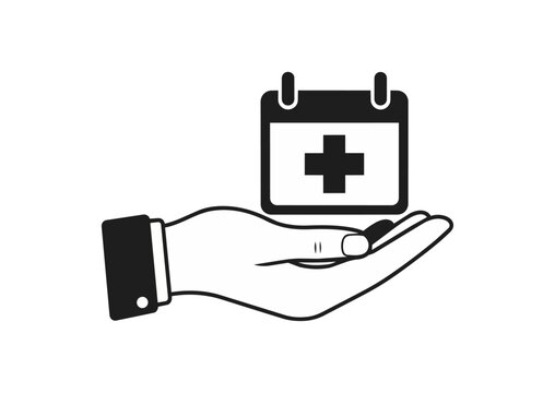 Hand holding calendar symbol with medical cross black and white vector illustration