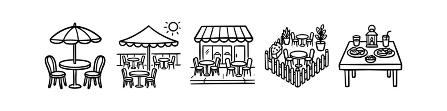 Set of hand-drawn vector icons depicting outdoor cafe and restaurant dining scenes, including patio seating, sidewalk tables, and terrace views in a minimalist line art style.