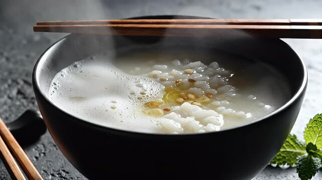 A close-up shot showcases a steaming bowl of congee, a traditional Asian rice porridge, garnished with sesame seeds and served with wooden chopsticks and a sprig of mint.