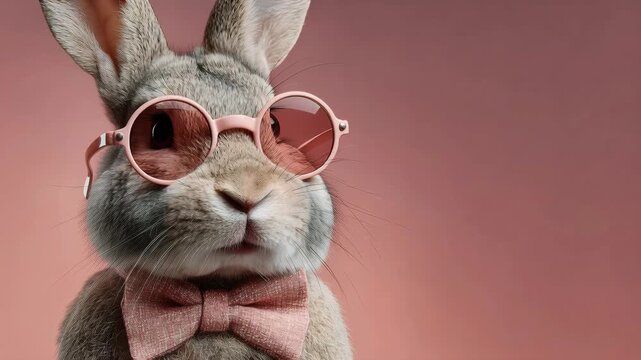 Fluffy rabbit wearing pink glasses and bow tie. Funny animal portrait style character concept. Cute creature with stylish accessories for easter holiday greeting.