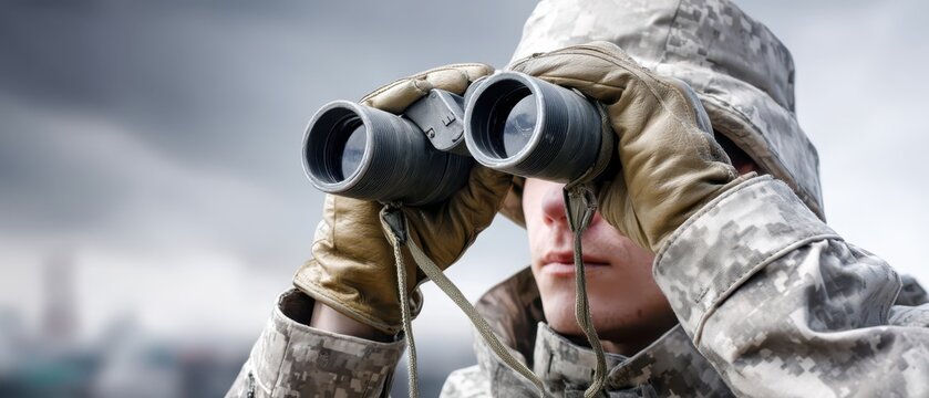Soldier observes the surroundings using binoculars while standing outdoors under a cloudy sky. He positions his hands to focus clearly
