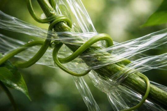 Green vine entangled in clear plastic wrap around stem, close-up nature versus plastic contrast