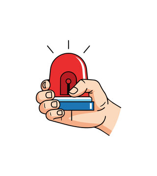 Hand holding red siren emergency alarm warning alert symbol