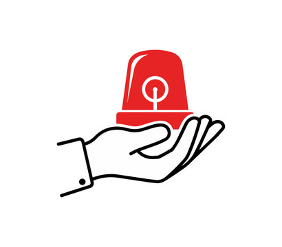 Hand holding red siren icon against black background