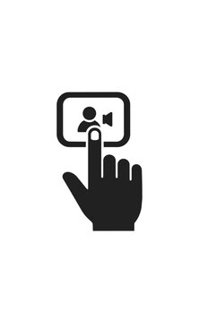 Hand touching video icon on black background