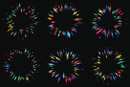 Vibrant colorful firework burst vector set, six abstract neon starburst explosions on black background. Radiant multi-colored light rays and geometric shards forming circular festive patterns.