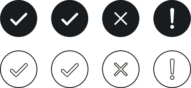 Check mark icons, error symbol, alert sign, status indicator vector, confirmation design, warning graphic, interface element art, digital UI illustration