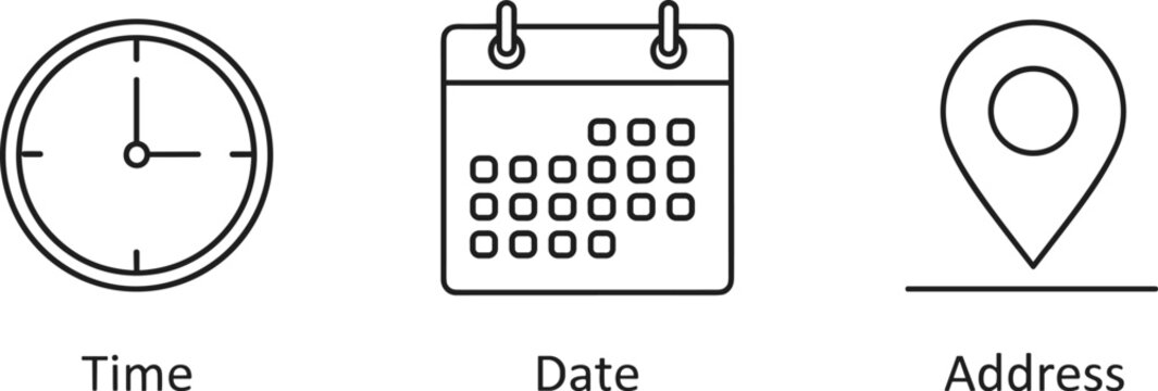 Time date address icon set, scheduling symbol artwork design, event detail motif concept, functional theme style, flat vector illustration