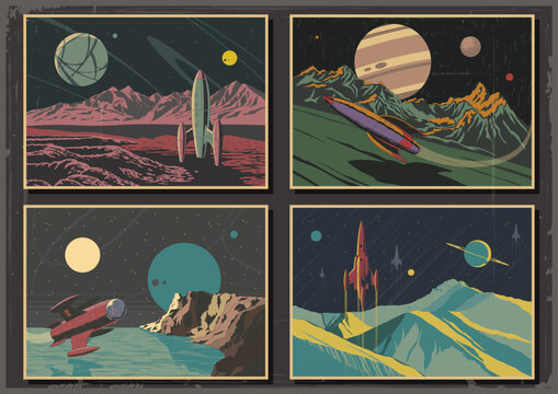 Space Journey Retro Futurism Poster Set, Old Cosmic Style Vector Illustrations. Space Rockets, Unknown Planet Landscapes, Aged Textured Frame