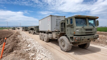 Obraz premium Military vehicles travel along a country road with trees lining the route on a cloudy day in a rural setting.