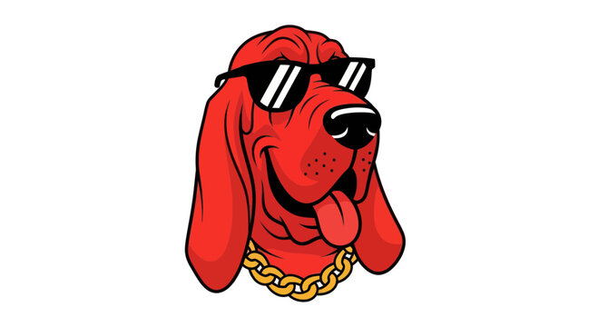 Cool red dog wearing sunglasses and gold chain, cartoon style, isolated on white