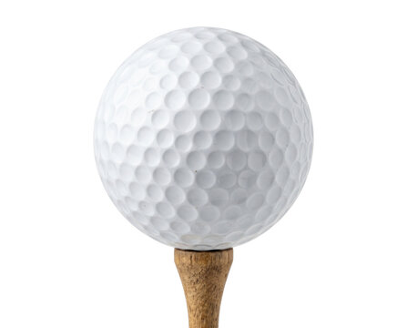 Isolated Golf ball on tee with dimpled white surface catching light, wooden natural brown