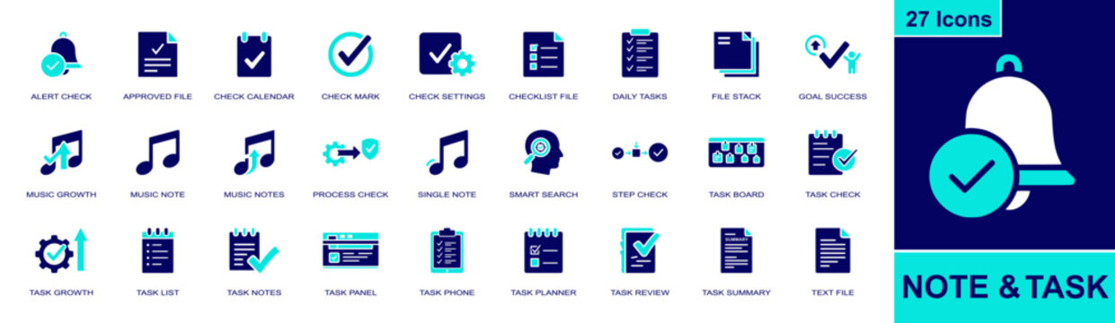 Task planner icon set. Containing alert check, calendar, checklist file, daily tasks, task board, task planner, task review, task summary, text file and more. Solid fill vector icons.