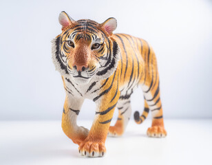 Obraz premium Majestic tiger figurine captured in a studio setting, showcasing its detailed features and vibrant stripes on a clean white background