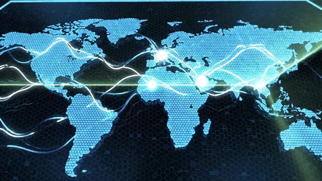 Digital world map with glowing connections and data points, showcasing global network progression across three frames with dynamic light trails and hexagonal patterns