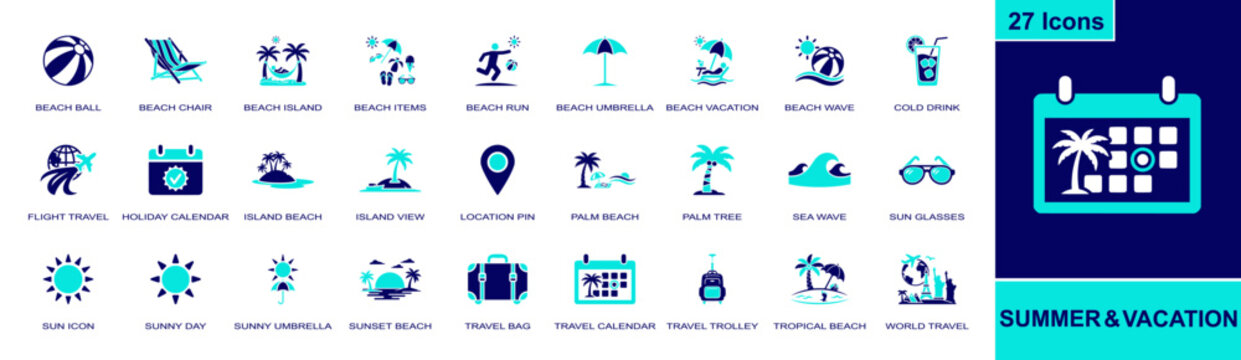 Summer vacation icon set. Containing beach ball, beach chair, island beach, cold drink, travel bag, sea wave, sun glasses, tropical beach, world travel and more. Solid fill vector icons.