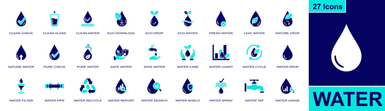 Water conservation icon set. Containing clean water, pure water, water filter, water tap, water recycle, water pipe, water cycle, water usage, safe water and more. Solid fill vector icons.