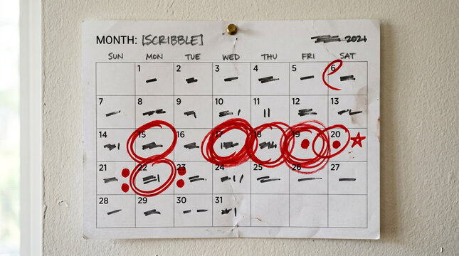 Wall calendar marked with important dates for Final school exams  