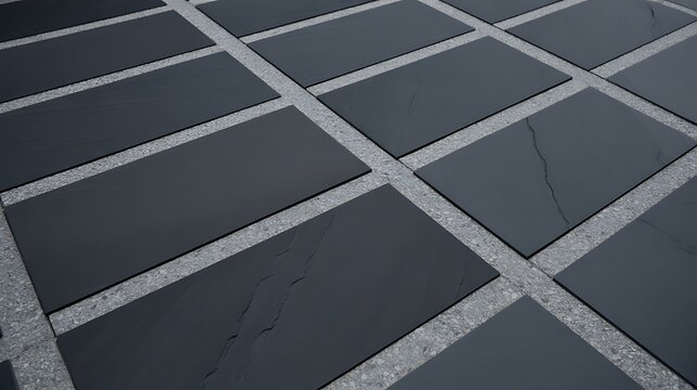 black flagstone paving with grey terrazzo grout pattern, modern charcoal slate paving with speckled concrete joints.

