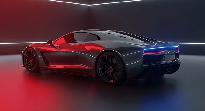 Sleek Sports Car with Neon Lighting on Dark Studio Floor