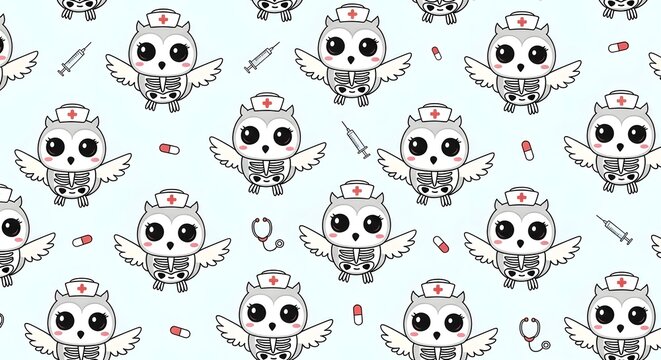 Cartoon owls dressed as nurses repeating pattern with medical equipment