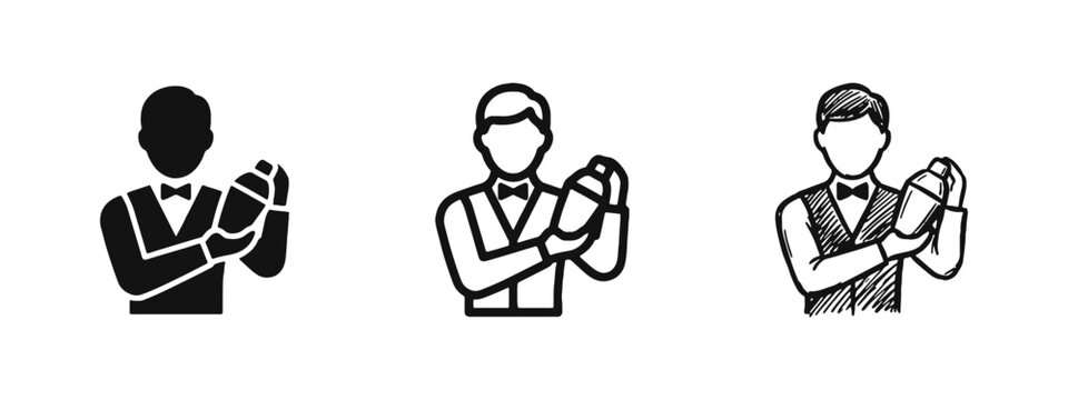 Bartender Mixing Cocktail Icon Set in Three Styles - Solid, Outline, and Hand Drawn