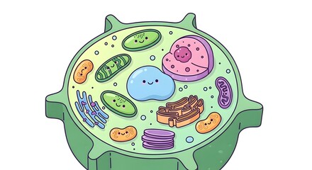 Fototapeta premium Cartoon illustration of a plant cell with labeled components on white