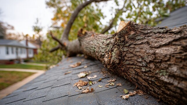 Fallen large tree on roof with shingle damage indicating tree risk assessment and roof repair need.