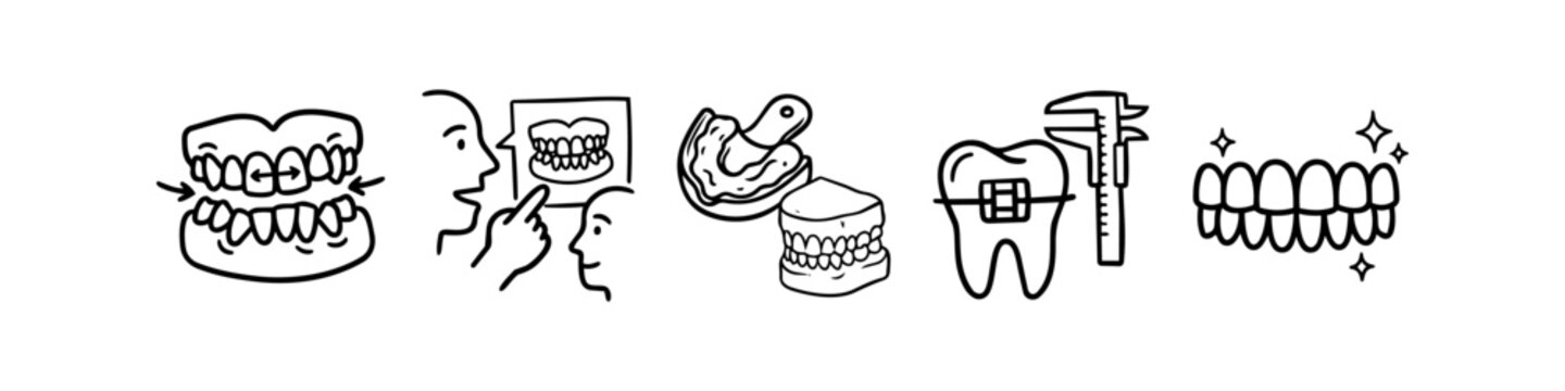 Set of hand-drawn dental and orthodontic icons showing malocclusion correction, dentist consultation, dental impressions, tooth measurement with braces, and a perfect white smile.