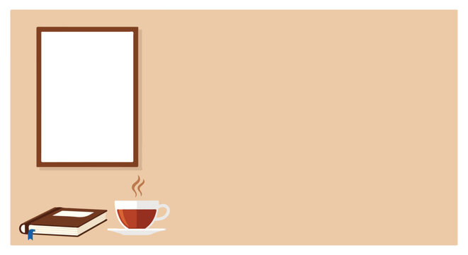 This flat vector illustration features a blank frame on a wall above a book and a steaming cup of tea, set against a warm beige background.