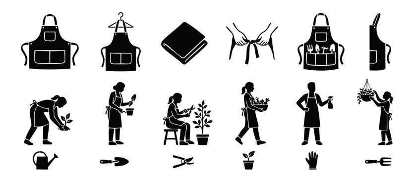 Gardening Apron Icon Set with People Working in Garden and Tools for Horticulture and Urban Farming Activities Vector Black Silhouette Illustrations Isolated on White Background