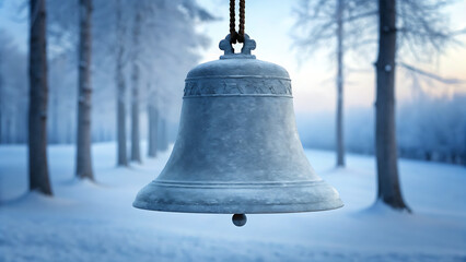 Obraz premium frosted silver bell hanging in snowy winter forest at dusk