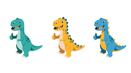Fototapeta premium Friendly Cartoon Dinosaurs Thumbs Up. Set of Happy Green, Yellow, Blue Dino Characters for Kids' Design.