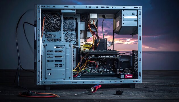 Open computer tower case exposing internal hardware on desk against sunset sky backdrop for IT repairs and technological upgrades