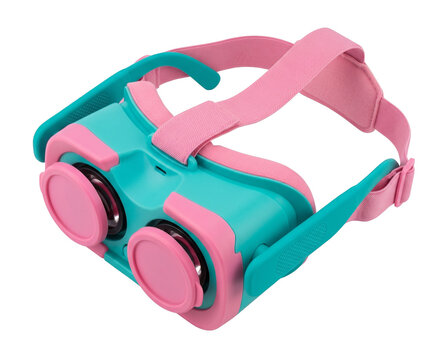Isolated Pink and teal kids VR headset with chunky comfortable padding, dual adjustable e