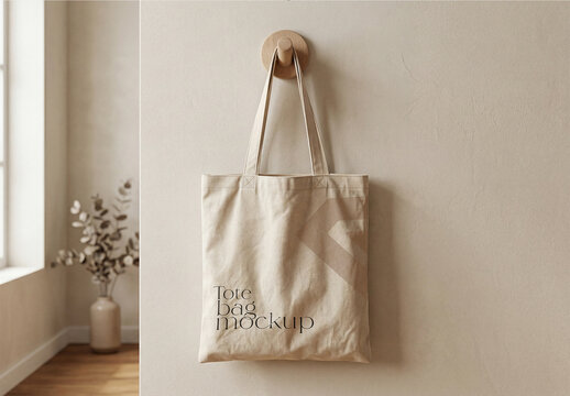 Tote Bag Mockup Hanging on Wooden Wall Hook