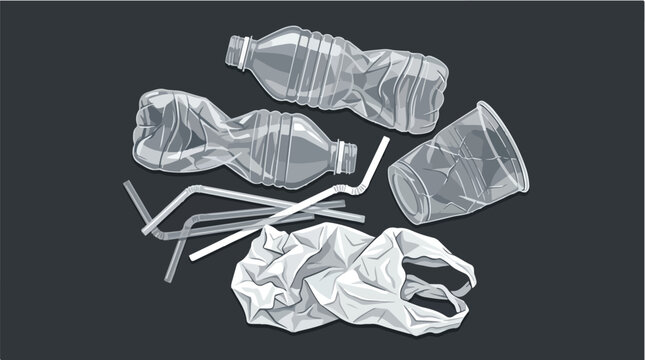 Collection of crumpled plastic waste including bottles straws cups and a plastic bag on a dark gray background symbolizing environmental pollution and recycling issues
