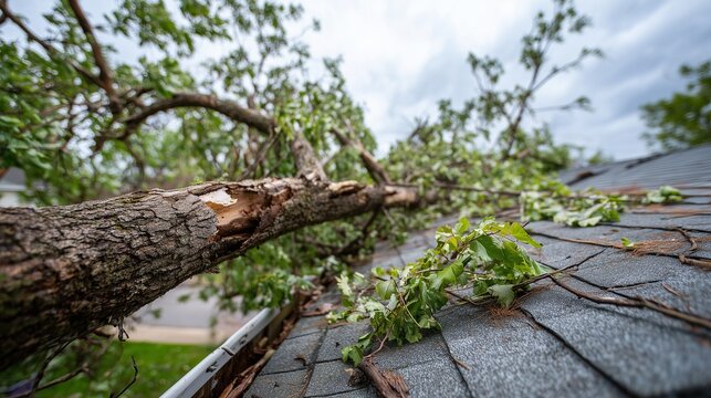 Broken tree branch on shingle roof after storm, roof damage and inspection for tree risk assessment and repair.