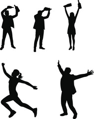 Obraz premium Celebration and party silhouettes set with people holding bottles dancing and cheering isolated on white background for festive concepts