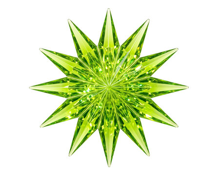 Isolated Translucent lime green crystal star burst symbol with twelve pointed rays, gloss