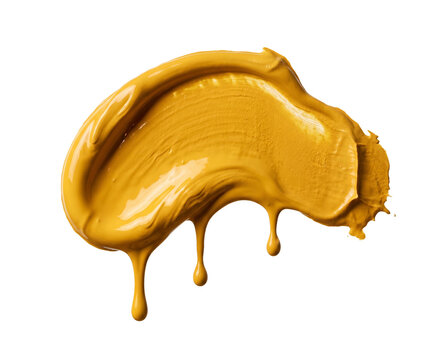 Isolated Fluid yellow paint stroke with liquid sheen and organic flowing shape, rich butt