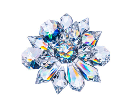 Isolated Cluster of clear crystal prisms with internal rainbow refraction and glowing bok