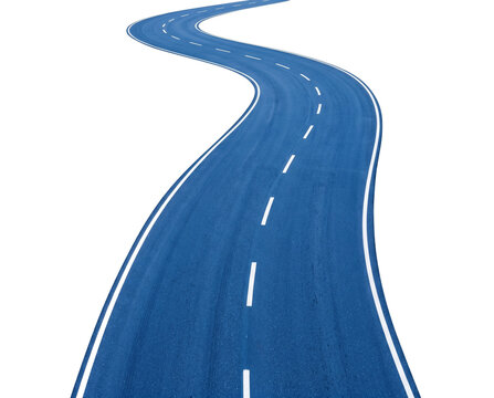Isolated Curved Blue Highway smooth asphalt road with crisp white lane markings, rich cob