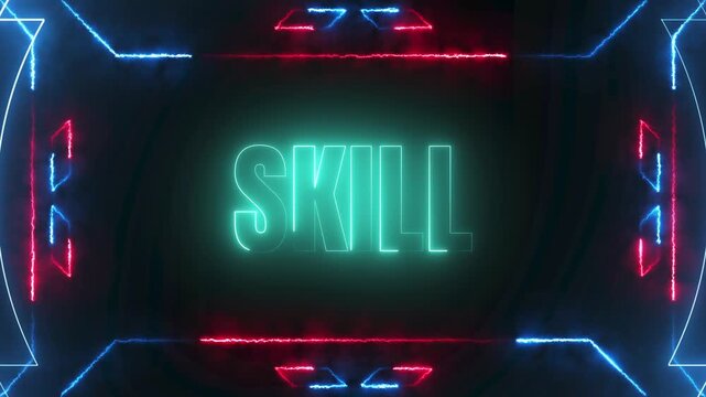 Skill text neon sign hud frame background glowing red blue orange yellow green bright light ability concept 4k video