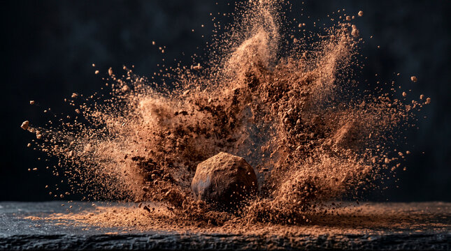 Dynamic high-speed macro shot of a single dark chocolate truffle exploding into a dramatic, chaotic cloud of cocoa powder on a textured dark slate surface.