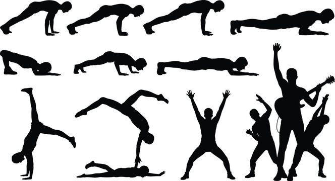 Fitness workout and dance silhouettes set with push up sequence acrobatics and performance poses isolated on white background