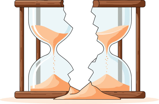 Broken Hourglass Illustration with Spilled Sand, Symbolizing Time Running Out, Lost Time, and Time Management Concepts
