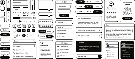 Modern minimalist flat outline web UI elements, buttons, sliders and search bar. Funky retro Y2k line interface panels for mobile app or website, web forms, tabs and dropdown menu templates vector set © Your Local Llamacorn