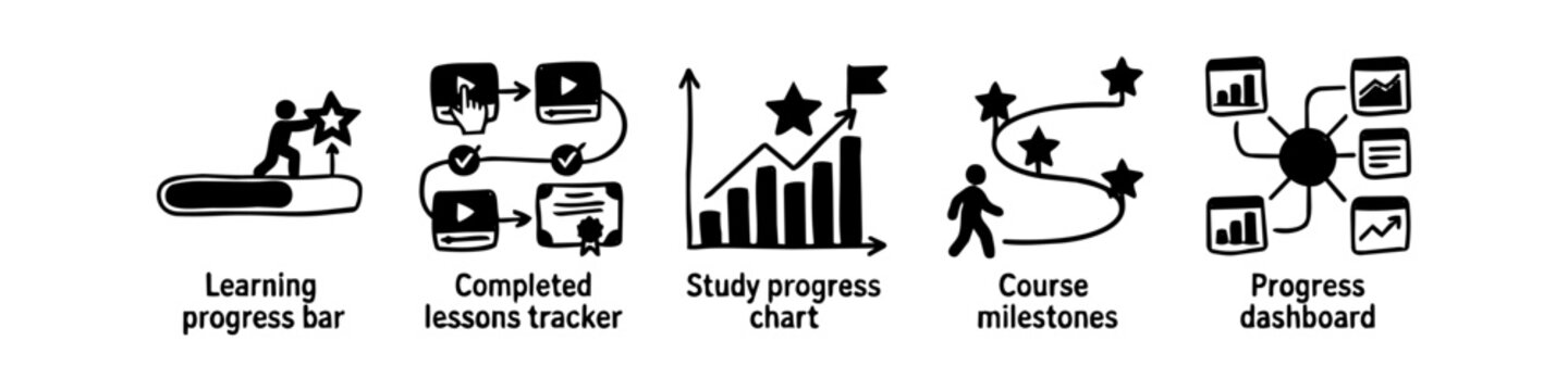 Set of 5 hand-drawn doodle icons for tracking educational progress: progress bar, lesson tracker, study chart, milestones, and dashboard. Perfect for e-learning and LMS design.